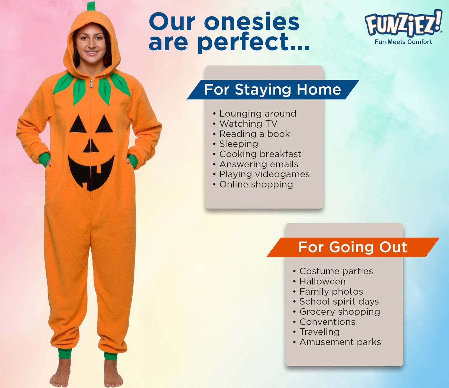 Funziez! Slim Pumpkin Adult Onesie - Jack O Lantern Halloween Costume - One Piece Cosplay Suit for Adults, Women and Men