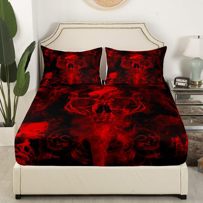 Gothic Skull Bed Sheets Red and Black Skeleton Sheet Set Full For Boys Teens Men Women,Psychedelic Goth Skull Bedding Set Trippy Smoke Halloween Fitted Sheet + Horror Flat Sheet + 2 Pillow Cases