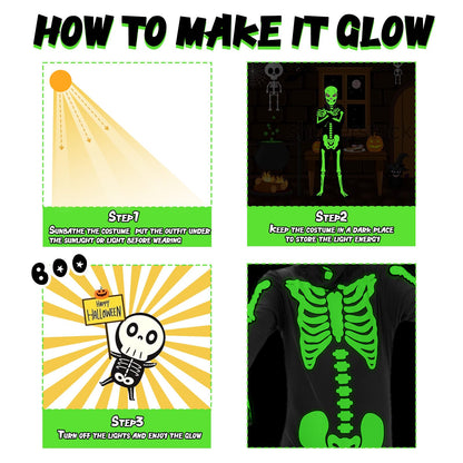 FAYBOX Skeleton Costume Glow in The Dark for Kids Toddler, Halloween Fortnite Onesie for Boy Girls with Pumpkin Candy Bag(5-7)