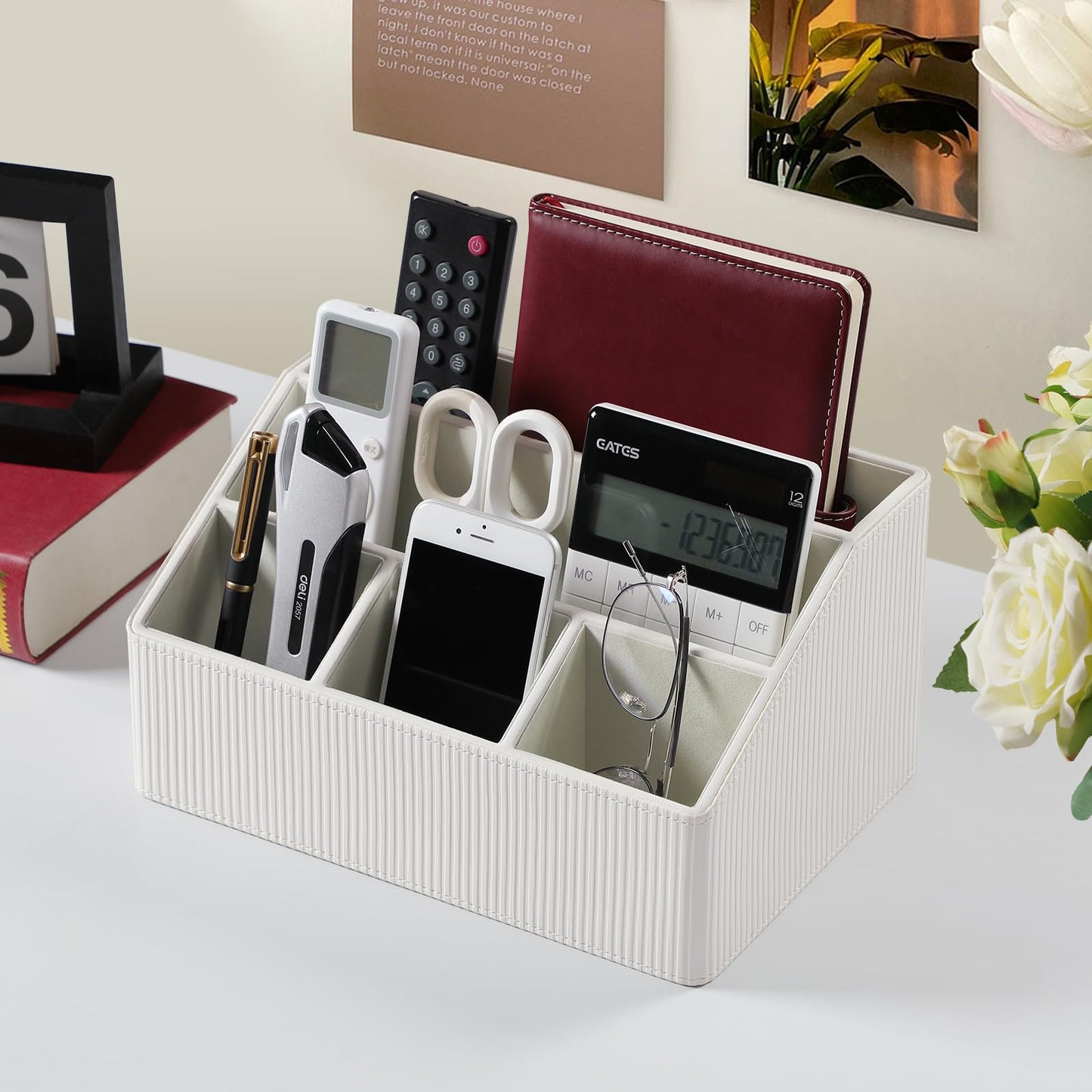 Cretkhp Remote Control Holder with 5 Compartments for Office Art Supplies, PU Leather Nightstand Organizer Pencil Pen Desk Caddy for Home, Desktop TV Remote Control Organizer Storage (Striped Ivory)