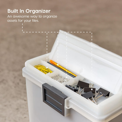 IRIS USA File Box WeatherPro Portable File Organizer Plastic File Box for Letter File w/ Organizer-Lid, Durable Lid and Seal w/ Secure Latching Buckles, Stackable and Nestable, Pearl 19 Qt. 1 Pack