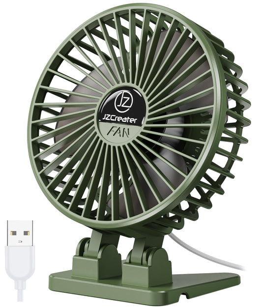 JZCreater USB Desk Fan, Mini Fan Portable, 3 Speeds Desktop Table Cooling Fans, Plug in Power Fans, Rotation Strong Wind, Quiet Personal Small Fan for Home Desktop Office Travel Bedroom, Army Green