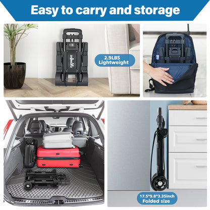 Folding Hand Truck Trolley Dolly, Folding Cart Small Trolley Dolly with Wheels, Lightweight Utility Dolly Expandable Baseplate Small Backpack Portable Luggage Cart for Airport Travel