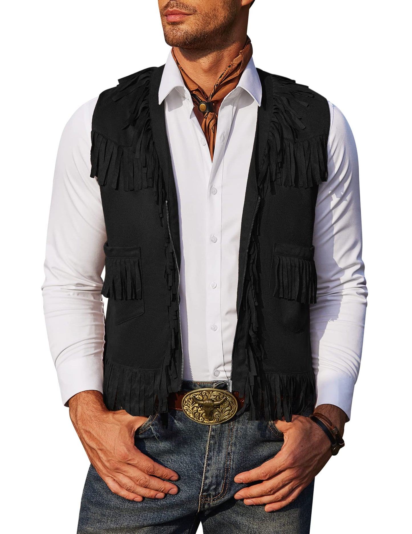 COOFANDY Men's Western Cowboy Vest Halloween Fringe Hippie Costume V Neck Zipper Suede Leather Waistcoat