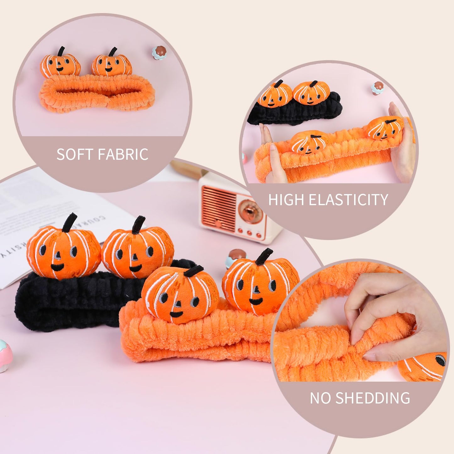 FlyingMage Spa Headband for Washing Face, 2 Pack Cute Halloween Hair Band for Shower Yoga Beauty, Fluffy Makeup Headband, Kawaii Facial Headbands for Woman Girls, Orange+Black Pumpkin