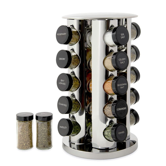 Kamenstein 20 Jar Revolving Countertop Spice Rack with Spices Included, FREE Spice Refills for 5 Years, Polished Stainless Steel with Black Caps, 30020