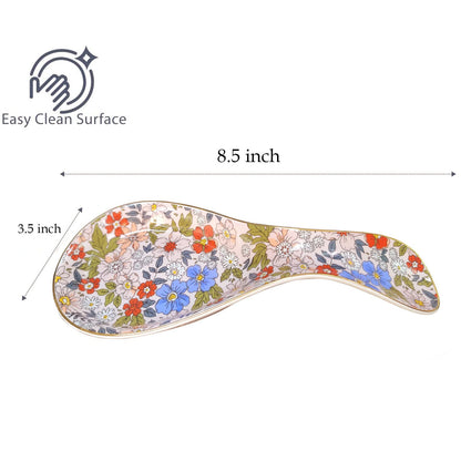 LEAZUL Ceramic Spoon Rest for Stove Top Kitchen Counter Large Spoon Holder Farmhouse Floral Flowers Print Coffee Spoon Cooking Utensil Tools Rest Modern Kitchen Decor
