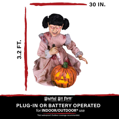 Haunted Hill Farm Lunging Pumpkin Carver Zombie Girl by Tekky, Motion-Activated Talking Halloween Animatronic for Indoor or Covered Outdoor Creepy Halloween Decorations, Plug-in or Battery Operated