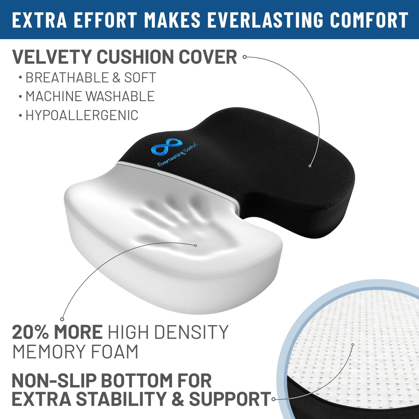 Everlasting Comfort Doctor Recommended Memory Foam Seat Cushion for Office Chairs & Car Seat - Ergonomic Office Desk Accessories for Tailbone Pain Relief, Sciatica & Back Support