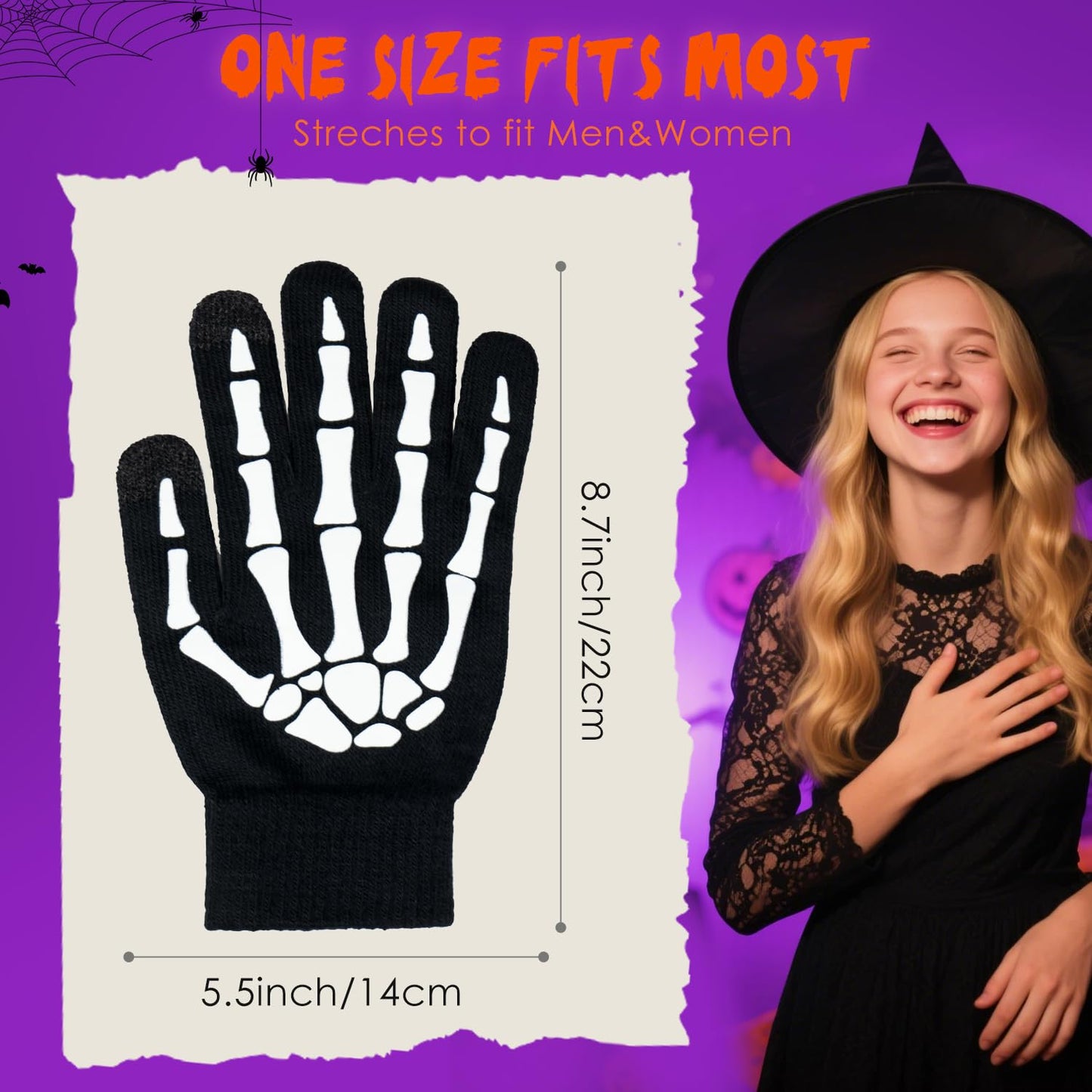 CROSSFINGERS Skeleton Gloves with Touchscreen and Warm for Halloween Cosplay Party and Daily Wears 2 Pairs