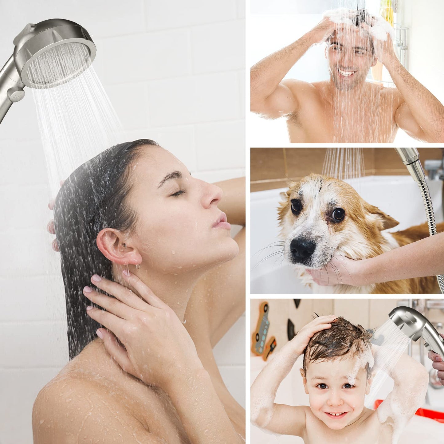 HANLIAN High Pressure Shower Head with Pause Button, 3 Spray Modes Shower Head for RV Camper, Water Saving On Off Shower, Handheld Shower Head with Hose and Self-adhesive Holder (Brushed Nickel)