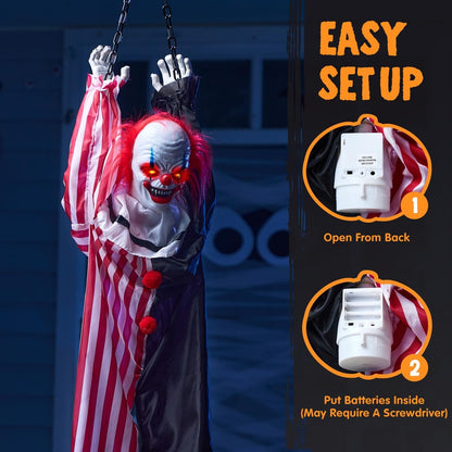 JOYIN 65" Halloween Hanging Scary Clown Decorations with Chain, with LED Lights Talking Animatronics Decor Outdoor Indoor for Haunted House Lawn Yard Patio