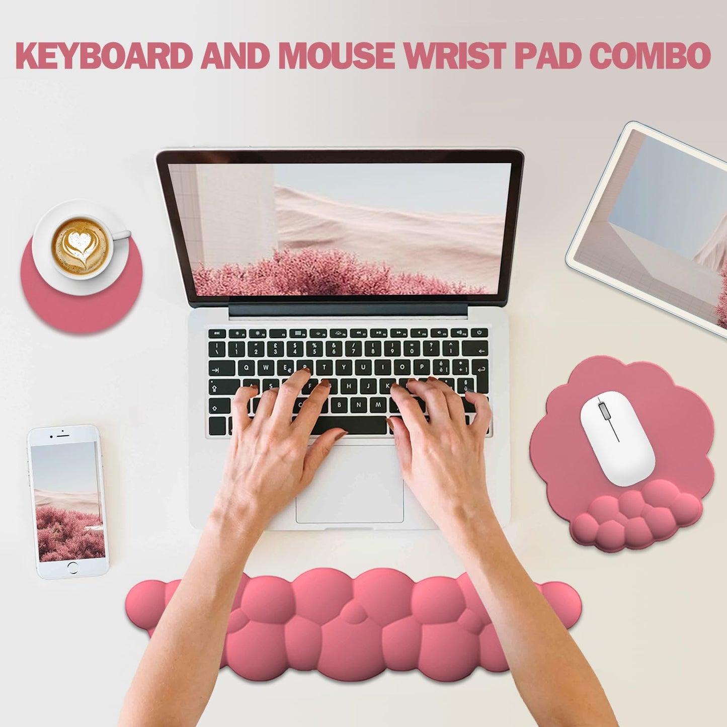 Lauspuck Cloud Keyboard Wrist Rest and Mouse Pad with Wrist Support Set, Ergonomic PU Leather Mouse Pads, Pain Relief Memory Foam Non-Slip for Computer,Laptop, Morandi Red