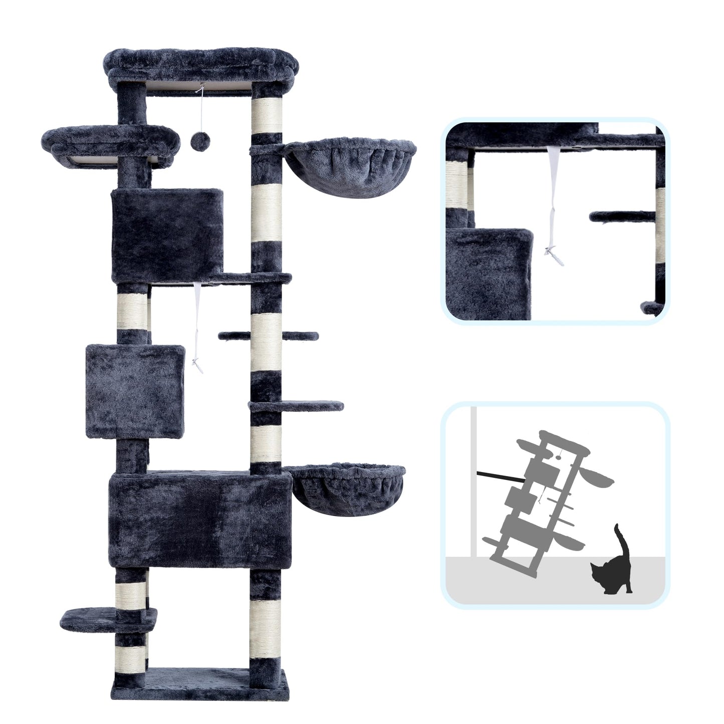 Hey-brother Cat Tree, 74 inches Multi-Level XL Large Cat Tower for Indoor Cats with Three Cat Condos, Two Large Top Decks and Cat Hairbrushfor Kittens, Cats and Pets, Smoky Gray MPJ035-MG