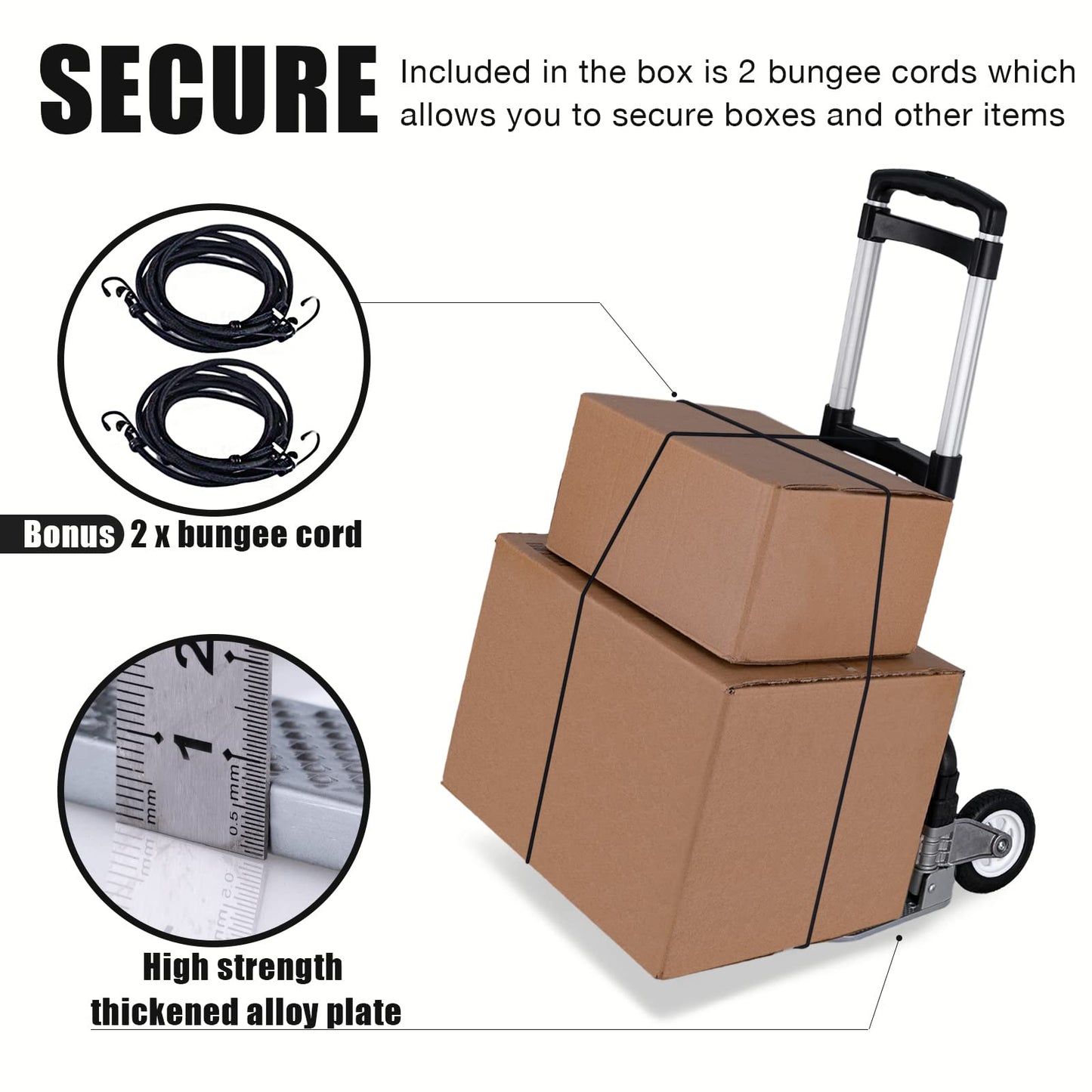 Folding Hand Truck Portable Foldable Dolly Cart Aluminum Luggage Cart Trolley Cart Black MAX Load 180 lbs, with Black Bungee Cord, Telescoping Handle,Solid Aluminium Wheel suspensions, Double Bearings