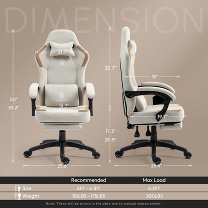 Dowinx Fabric Gaming Chair with Pocket Spring Cushion,Breathable Computer Chairs with Massage Lumbar Support and Footrest,High Back Game Office Chair for Adult,Beige