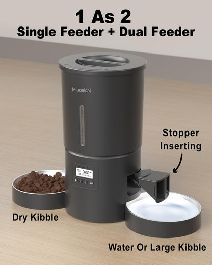 Dual Automatic Cat Feeder 2 Cats,6 Meals/Day,12 Portions/Meal,4.2L Dual Power Double Bowls Feeder,Dry Food Auto Pet Dispenser,10S Voice Record,Flexible Schedule Timer (Black,Stainless Dual Bowls)