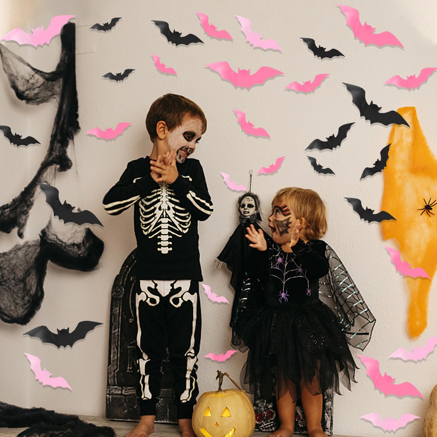 3D Halloween Wall Bats Decor - 48 Pink PVC Bats Stickers & Decals for Home, Indoor Spooky Theme