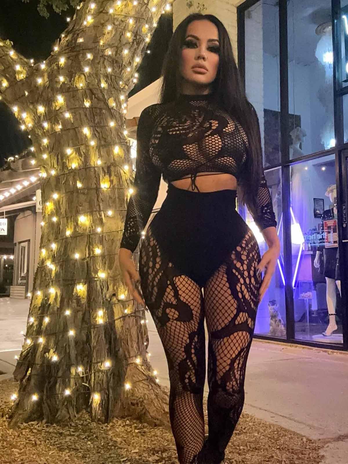 Dewinya Women's Sexy Fishnet Seamless 2 Piece Outfits Mock Neck Long Sleeve Crop Top Legging Set Club Lingerie Sets Black OS