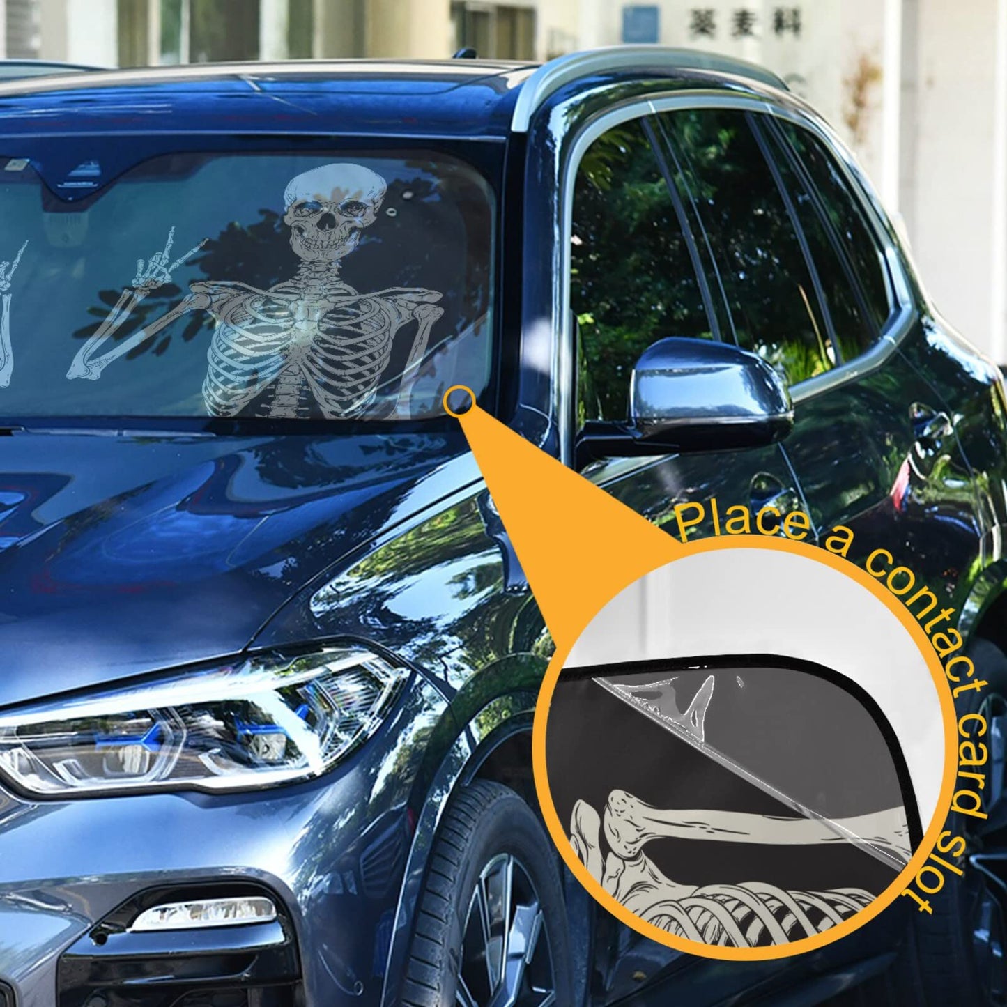Funny Skull Car Windshield Sunshade - Skeleton Car Shade Skull Sun Shade Black Blocks UV Rays Visor Protector Accordion Folding Sun Reflector Auto Sunshade for Truck SUV to Keep Your Vehicle Cool
