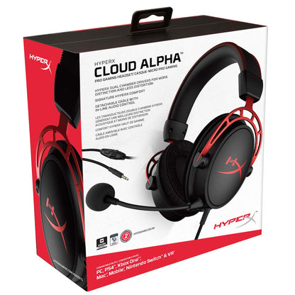 HyperX Cloud Alpha Gaming Headset Headphone Wired Detachable Noise Cancelling Microphone Dual Chamber Drivers Memory Foam Over-Ear Soft Leatherette for PC Xbox Nintendo Switch PS4 Black Red (Renewed)