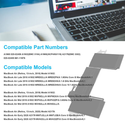 A1965 Laptop Battery for MacBook Air 13" Retina A1932 (2018 2019, Early 2020) A2179 EMC 3184 3302 MacBook Air8,1 8,2 9,1 MRE82 MRE92 MVFH2 MWTJ2 MVH22 MVFM2 MVFK2 MREE2 MREC2 MREA2 MREF2 MUQT2 MUQU2