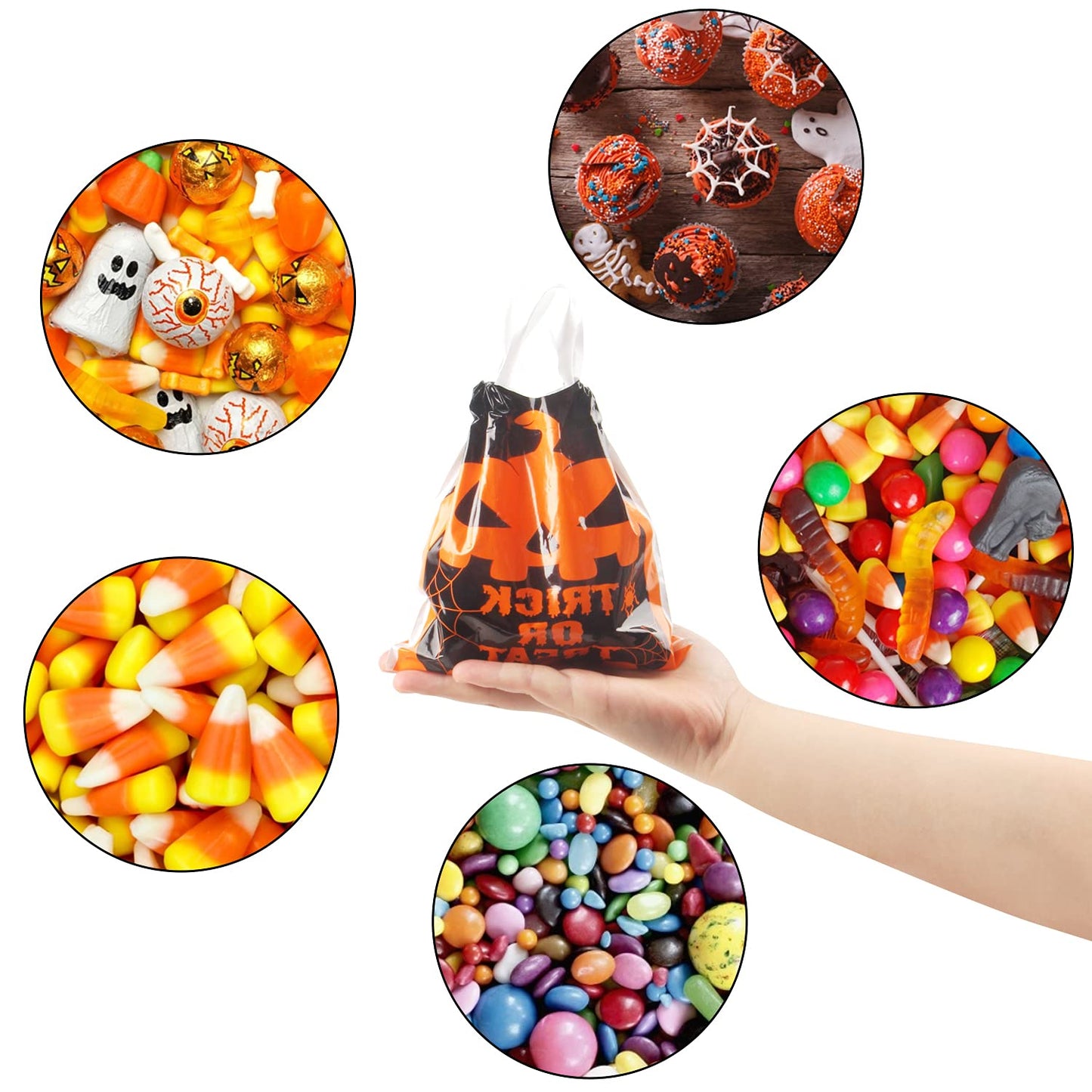 DIYASY 72 Pcs Halloween Drawstring Treat Bags, Small Plastic Candy Bags with Handle Trick or Treat Halloween Party Favors Supplies