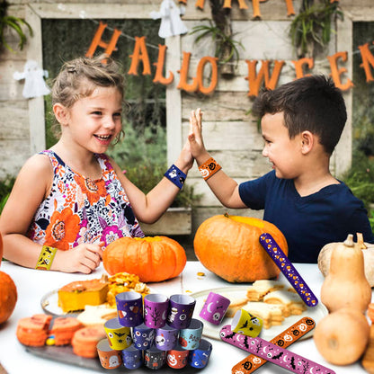 FOIMAS 48pcs Halloween Slap Bracelets, Snap Bracelet Pumpkin Witch Wristband for Kids Trick or Treat Bag Filler Party Favor Supply