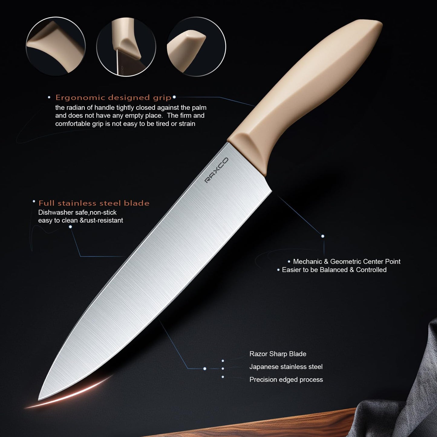 RAXCO Kitchen Utensils Set,18-Piece Cooking Tools and Sharp Knives,Stainless Steel Holder and Cutting Board