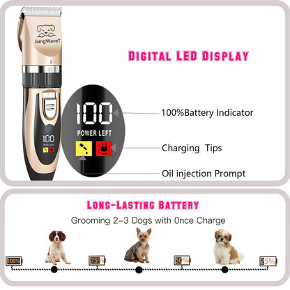 JiangWaveT Dogs Hair Trimmer, Dogs Shaver Clippers Grooming Kit - Low Noise Cordless Rechargeable Dog & Cat Horses Clippers, Heavy Duty, Quie