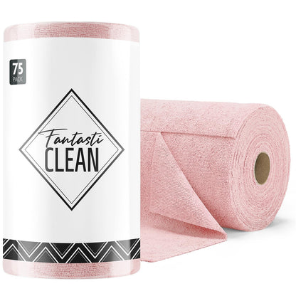 Fantasticlean Microfiber Cleaning Cloth Roll -75 Pack, Tear Away Microfiber Towels, 12" x 12", Reusable, Washable, Scratch Free, Ultra Absorbent Dish Rags for Car, Home, Garage or Shop (Pink)
