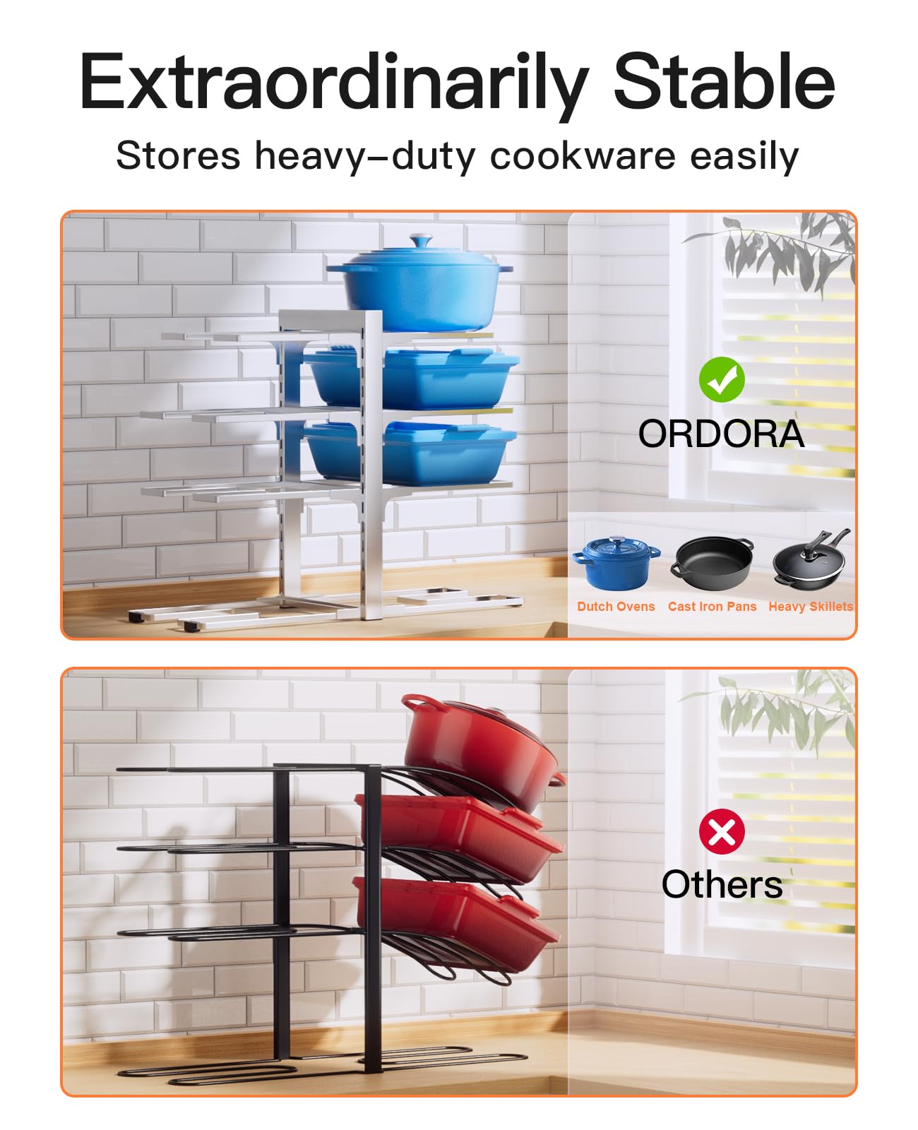ORDORA Pots and Pans Organizer for Cabinet 16.61'' Height, 8 Tier Pot Organizers Rack with 3 DIY Methods, Adjustable Pan Organizer under Cabinet Kitchen Organization and Storage