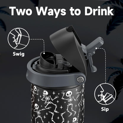24 oz Halloween Insulated Water Bottle: Meoky Stainless Steel Water Bottle with 2-in-1 Straw Lid - Leak Proof, Cold for 24 Hours, Protective Silicone Base, Halloween Gifts for Women Men, Pop Skull