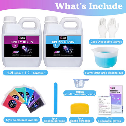 LET'S RESIN 80oz Crystal Clear Epoxy Resin Kit,Bubbles Free Casting Resin Supplies for Beginner,Molds,Jewelry,Resin and Hardener with 6 Mica Powders,Large Silicone Cup