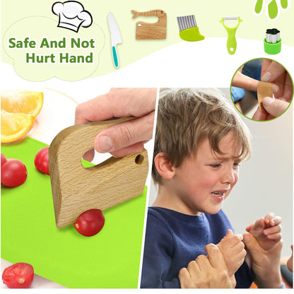 15 PCS Montessori Kitchen Tools for Toddlers Kids Cooking Sets, Apron, Serrated Toddler Knife, Crinkle Cutter, Sandwich Cutter, Wooden Fruit Knife, Y Peeler, Cutting Board for Cooking Kid Safe Knive