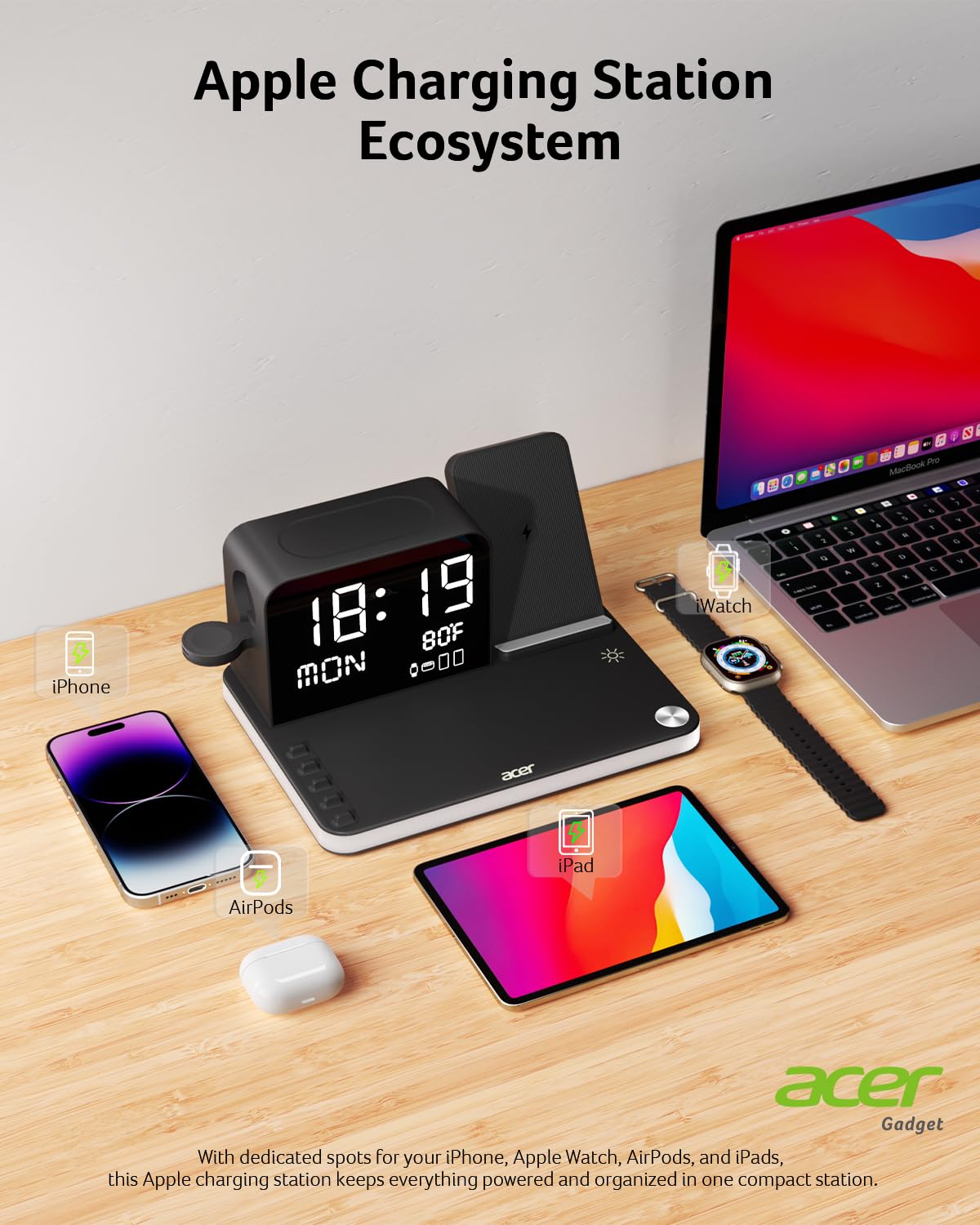acer 7-in-1 Wireless Charging Station: Charger Stand for Multiple Devices for Apple - iPhone 16 15 14 13 12 Pro Max Apple Watch Airpods, Wireless Charger iPhone Charging Station with Bluetooth TimeSyn