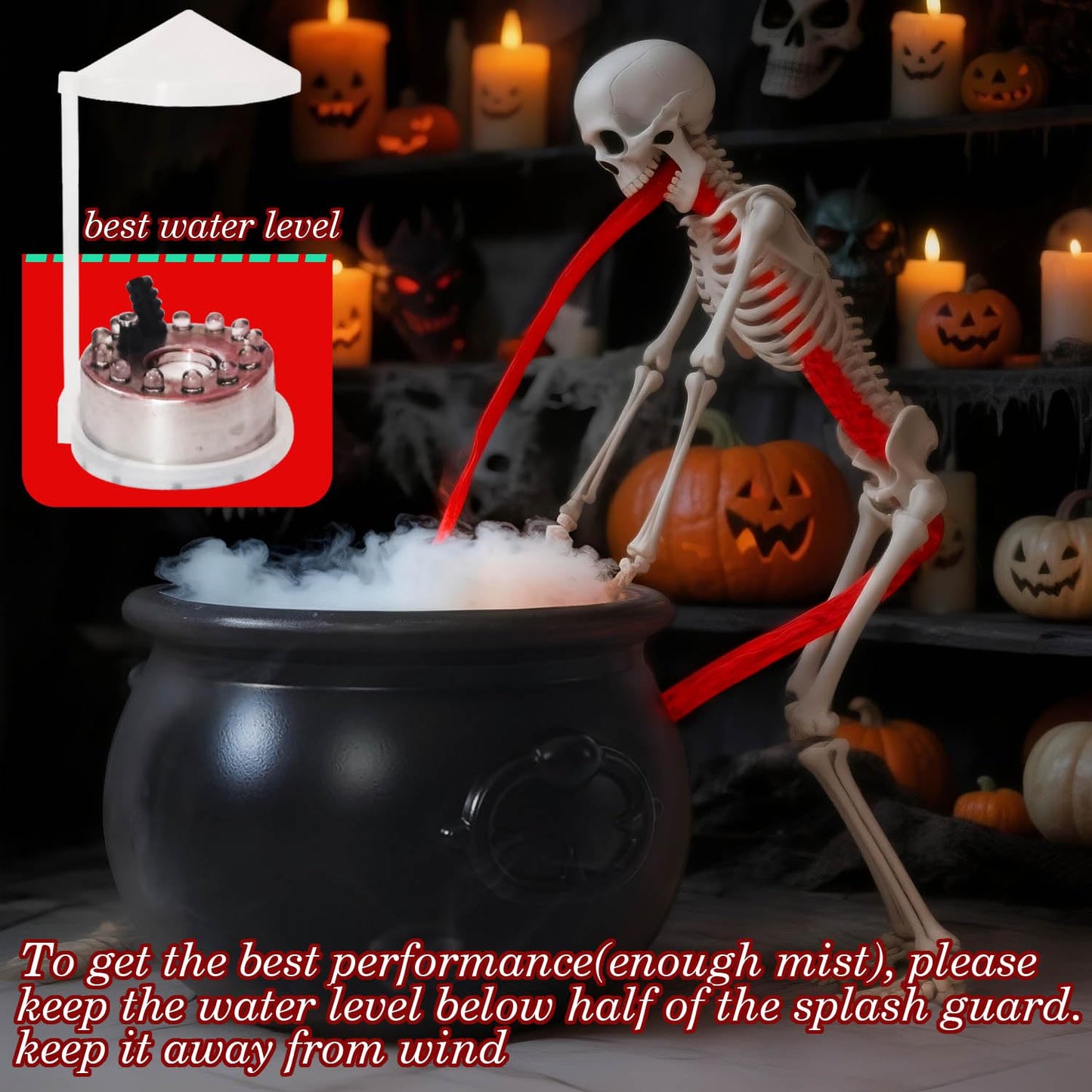Halloween Decoration, Ultrasonic Mist Maker Fogger with Black Witch Cauldron Halloween Skeleton Splash Guard, Spooky Hocus Pocus Party Halloween Decor for Home Table Kitchen Garden