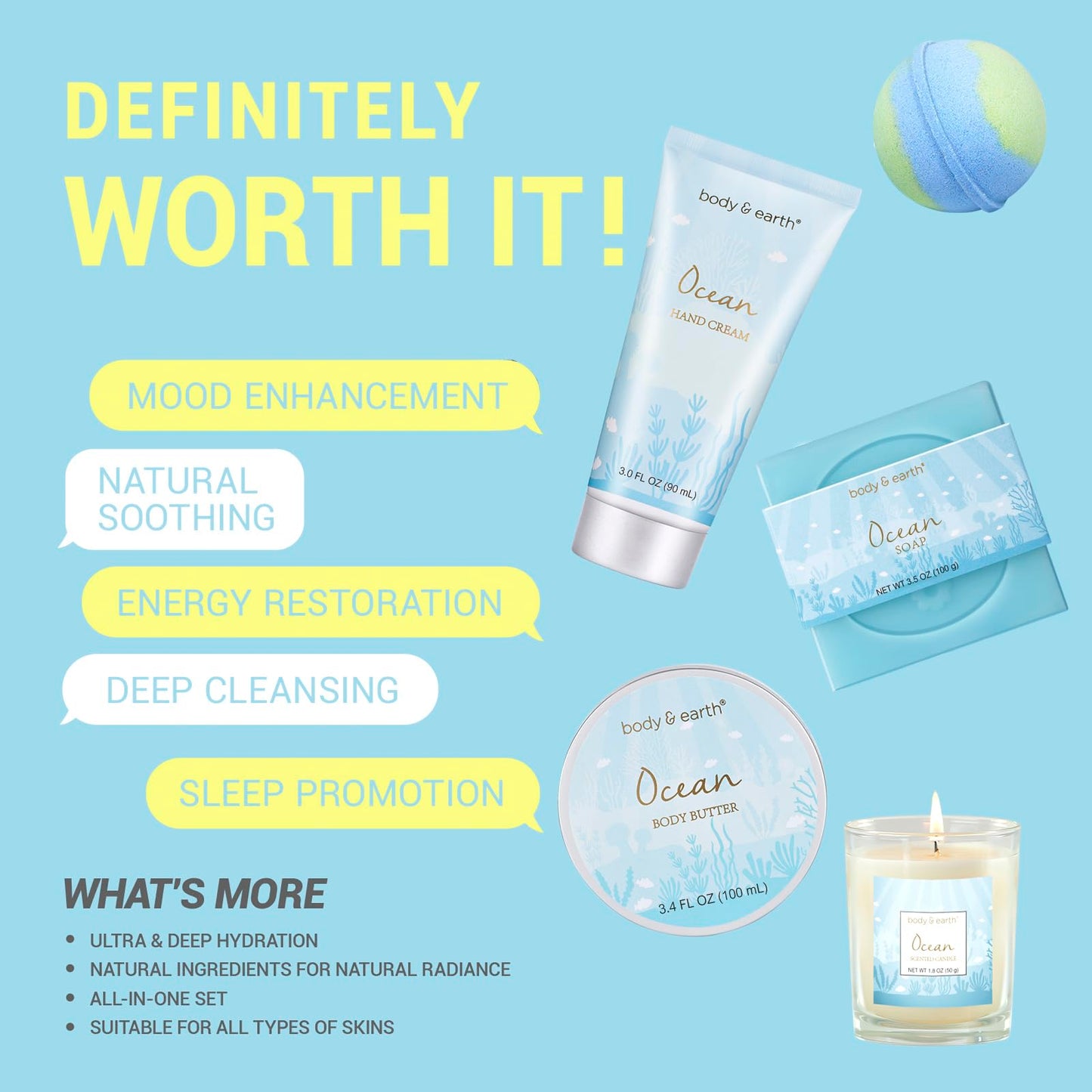 Gifts for Women, Bath and Body Womens Gift Sets with 5 Pcs Ocean Scented Spa Gifts for Women Bath Gift with Scented Candle Body Butter Hand Cream Bath Bomb Christmas Gifts