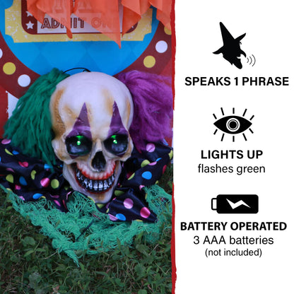 Haunted Hill Farm Scary Talking Groundbreaker Skeleton Clown Halloween Prop with Touch Activated Lights and Sounds, Battery Operated, Poseable Indoor or Covered Outdoor Halloween Decorations for Home