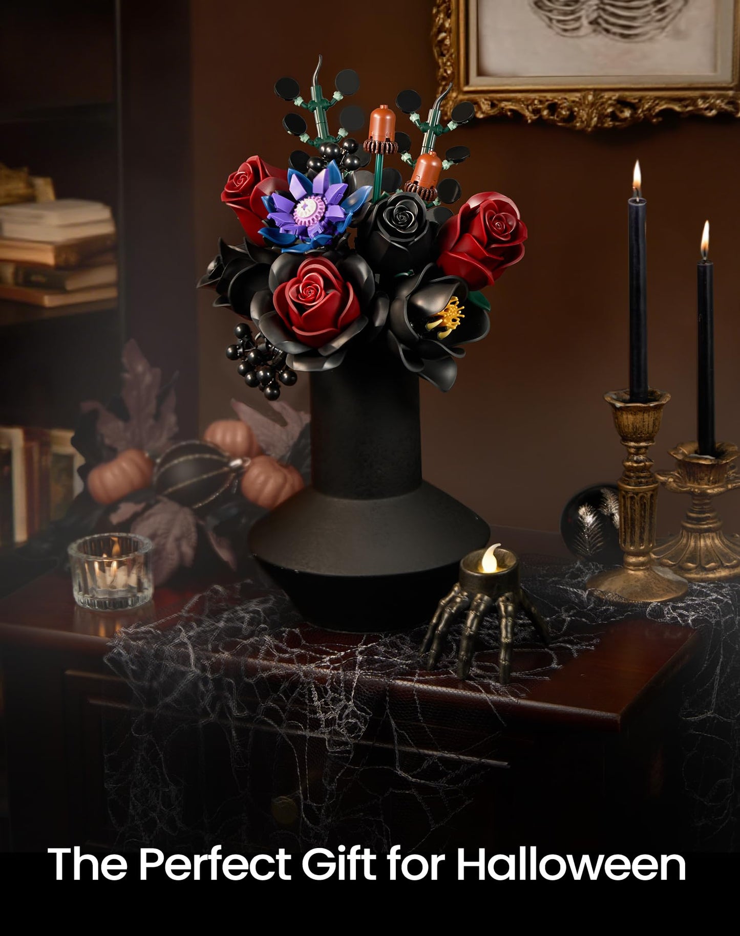iATOM Halloween Black Burgundy Red Rose Bouquet Building Set, Compatible with Lego Flowers for Adults - Gothic Botanical Collection - Artificial Flowers Home Table Centerpieces Decor - IA1015