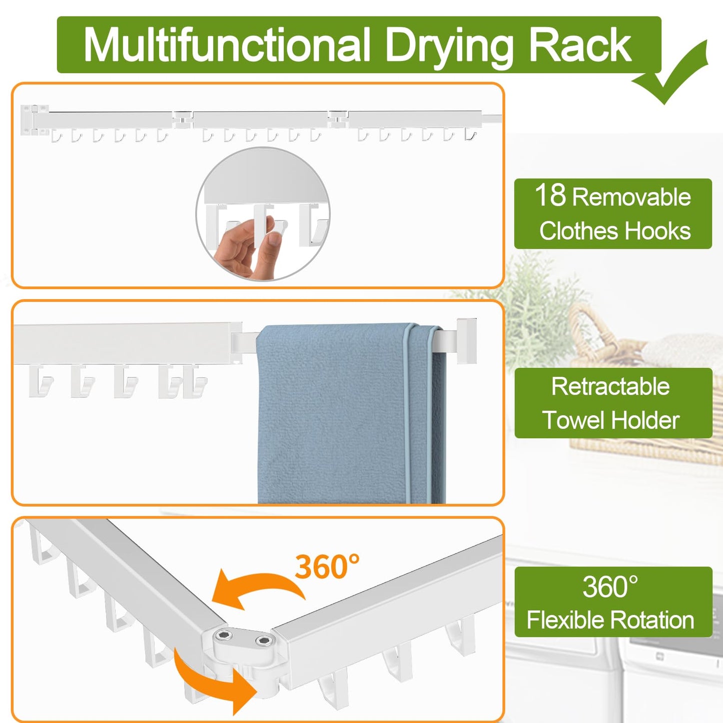 Kelisiting Retractable Clothes Drying Rack,3 Fold White Laundry Drying Rack,Wall Mounted Clothes Hanger,Space Saver,Foldable Durable,for Balcony,Laundry,Bathroom,Patio,Apartment,Dormitory