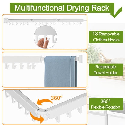 Kelisiting Retractable Clothes Drying Rack,3 Fold White Laundry Drying Rack,Wall Mounted Clothes Hanger,Space Saver,Foldable Durable,for Balcony,Laundry,Bathroom,Patio,Apartment,Dormitory