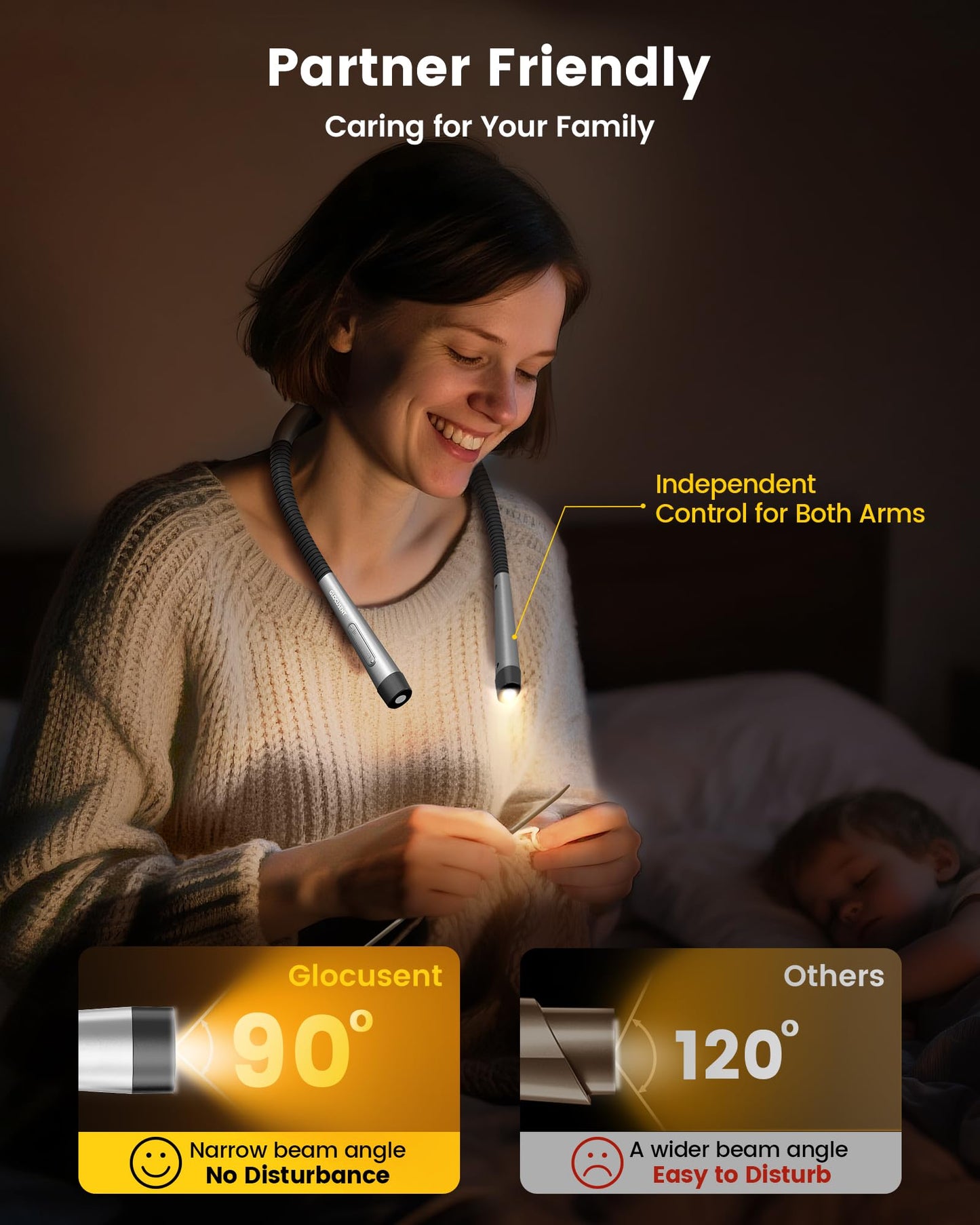 Glocusent Neck Light, 1600mAh Rechargeable Reading Light - 3 Colors & 5 Stepless Brightness, Book Light with a Lock, Timer & Sleep Aid, Ergonomic Design, Perfect for Reading, Knitting & Craft