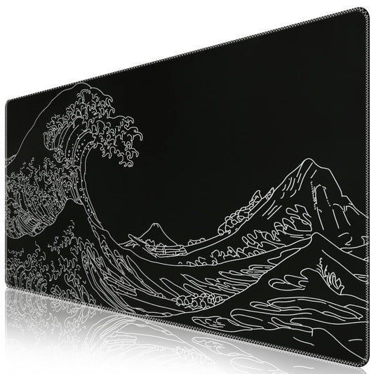 iCasso Mousepad, Gaming Mouse Pad, XXL Large Desk Mat, Big Rubber Base Mouse Mat with Stitched Edges, Computer Keyboard Desk Pad for Work, Game, Office, Home - Black Wave of Kanagawa