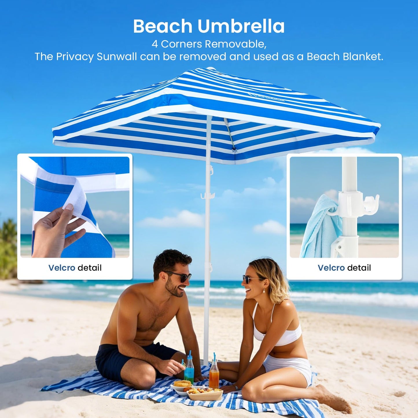 Grandekor Upgraded 6'×6' Pop Up Beach Canopy Tent for Family & Kids UPF 50+ Sun Shelter for Pool Camping with Sand Anchor Sidewall Bold Blue White Stripe