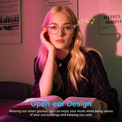 GenXenon Smart Glasses, Clear Frame Blue Light Glasses for Woman, Magnetic Charging,Remote Photography, Open-Ear Design, Voice Assistant, 5.3 Bluetooth with Audio Mic for Working Gaming (GS03-C)