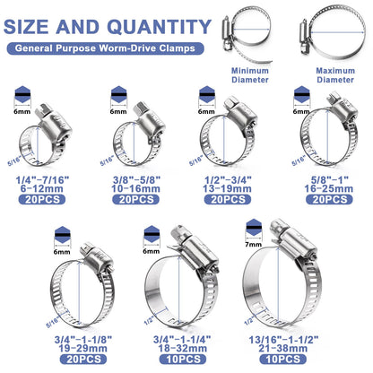 Hose Clamp- Qibaok 120 PCS Stainless Steel Hose Clamps Assortment Kit 1/4''–1-1/2'' Worm Gear Clamps for Fuel Line, Plumbing, Automotive, Mechanical Applications, Pipe, Tube, Radiator, Garden