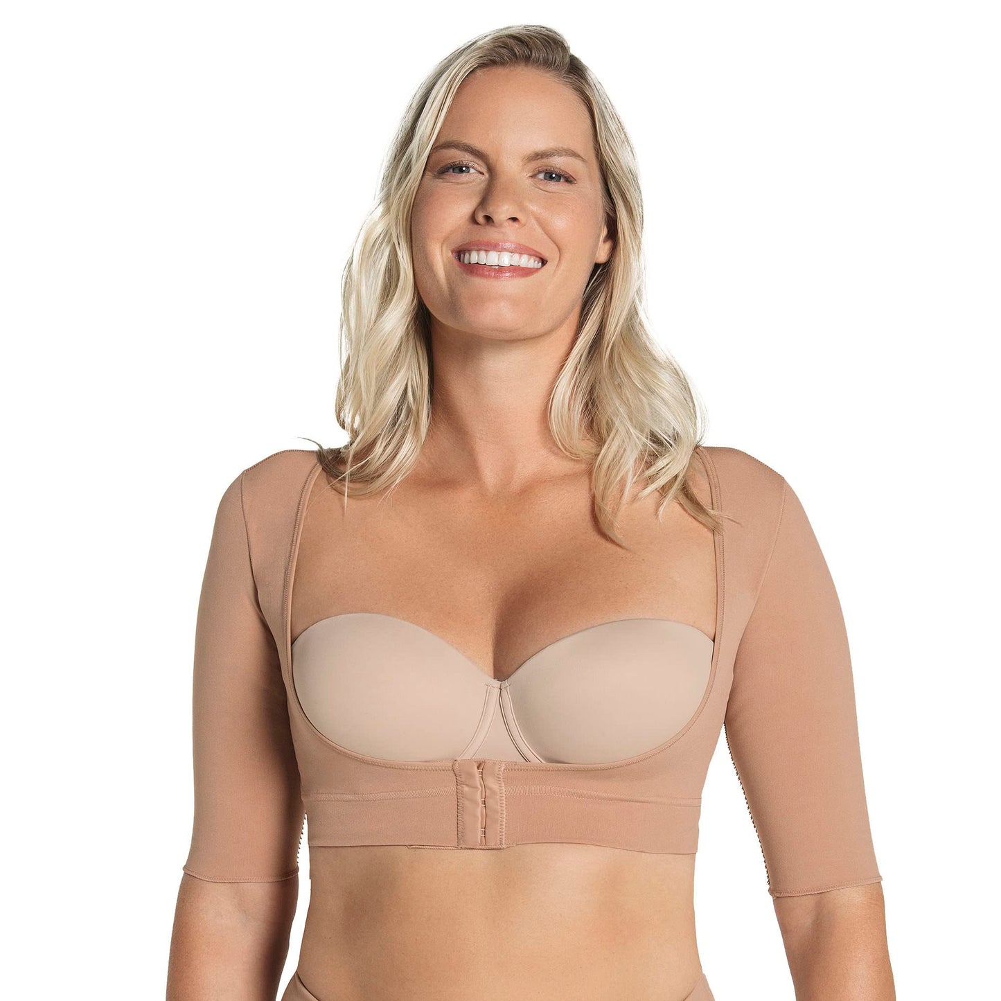 Leonisa Seamless Upper Arm Shaper Slimming Compression Vest with Posture Corrector, Beige, Small
