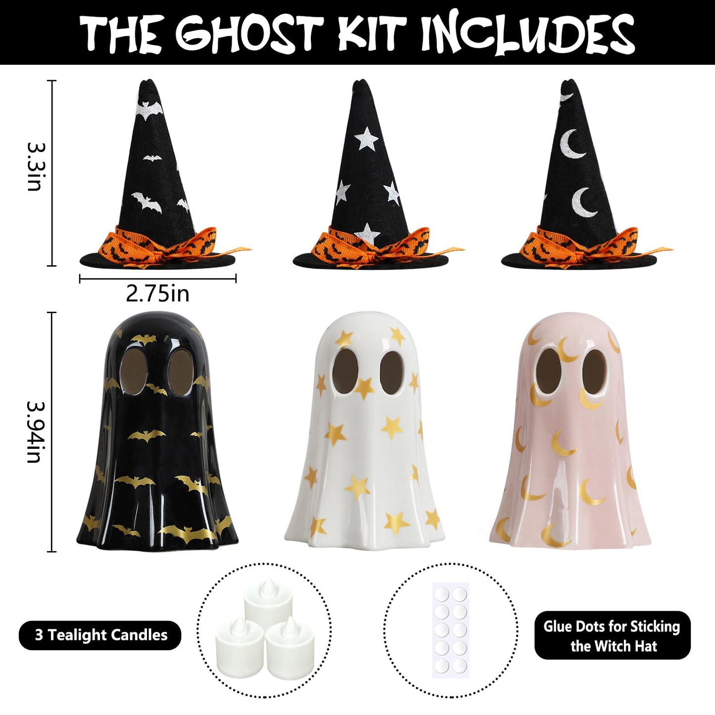 DAZONGE Halloween Decor Indoor, Set of 3 Ceramic Ghosts with Witch Hats, Cute Spooky Ghost Figurines for Mantel, Shelf & Tabletop Decor, Halloween Decorations