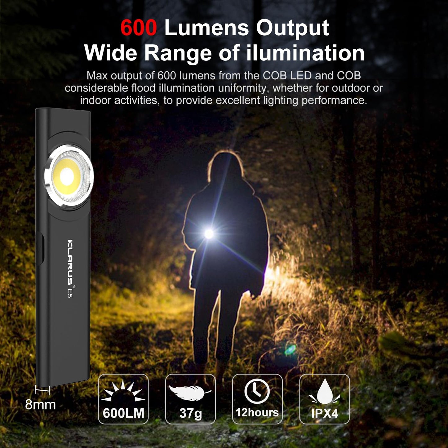 klarus E5 Pocket Flashlight, Rechargeable EDC Flashlight, Super Slim 4.2x1x0.3inch, 600 Lumens, USB-C Port, IPX4, Dual Light Source with Magnetic Base, Hat & Clothes Clip - Black